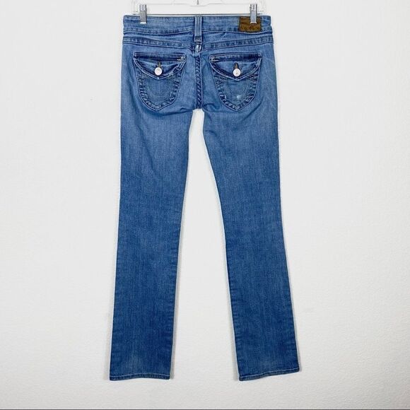 True Religion Light Wash Distressed Low Rise Straight Leg Jeans - Picture 2 of 5